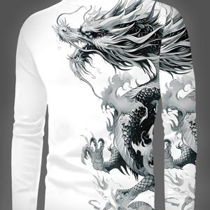 TEMU 남성용 봄 가을 겨울 드래곤 프린트 캐주얼 편안한 크루넥 세미-하이넥 긴팔 티셔츠, 캐주얼 외출 및 휴가용, 100% 폴리에스터, 세탁기 사용 가능, 드라이클리닝 불가. WT9527