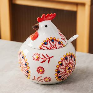 TEMU 1개 세라믹 닭 모양 스파이스 병 (뚜껑 포함) - 닭 테마 장식용 양념 용기, 향신료, 소금, 설탕용 - 레드/블루/그린 색상, 주방 & 다이닝 보관, 셰프를 위한 러스틱 닭 모양 선물