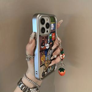 TEMU 폰 케이스: 1개 독특한 가을/겨울 패턴 폰 케이스 (딸기 끈 포함), 아이폰 16/11/13/ 플러스/15 프로/15 프로 맥스/12/14 프로 맥스/11 프로/11 프로 맥스/12 프로/12 프로 맥스/13 프로/13 프로 맥스/14 프로/14 플러스 호환~전기도금 클리어 쉘 - 광택 실버리 - 워크 언클 1296WC+G01 딸기 끈