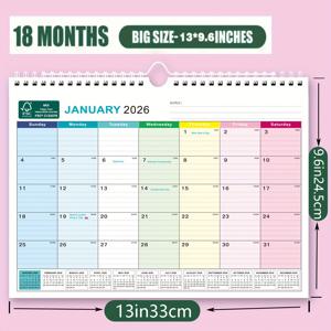 TEMU 스파이럴 제본 방식의 18개월 벽걸이 달력입니다. 월별 보기, 중요한 휴일 표시, 회의 및 스케줄 기록을 위한 넉넉한 일일 박스가 특징입니다. 가정 장식 및 사무실 계획에 적합합니다.