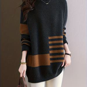 TEMU 여성용 미디 길이 하이넥 풀오버 스웨터, 2025년 가을/겨울 신상 한국 스타일, 루즈핏 컬러 블로킹 디자인, 패셔너블하고 활용도 높은 베이스 레이어 탑