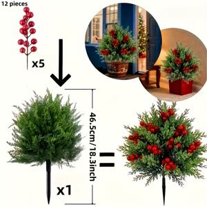 TEMU 인조 크리스마스 트리 6개 - 소나무 1개 (지지대 포함) 및 빨간색 열매 5개, 지지대가 있는 인조 녹색 소나무 관목, 크리스마스, 겨울, 실내 및 실외 장식, 가정, 호텔, 정원, 사무실, 결혼식에 적합