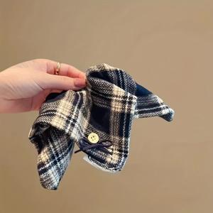 TEMU 1개 빈티지 네이비 블루 체크 대조 스퀘어 스카프 헤어 타이 버튼 리본, 여성 가을 겨울 헤어 액세서리