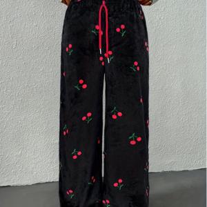 TEMU 여성용 체리 프린트 잠옷 팬츠 - 파자마 상하의 호환, 중간 신축성 과일 패턴 나이트가운, 사계절 편안한 홈웨어 (논-)