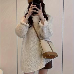 TEMU 니안니안 추천 여성 겨울 의류, 스플릿 헴, 캐주얼 롱 슬리브 드롭 숄더 스웨터, 단색 가을 겨울 스웨터, 미디 길이, 겨울 아우터