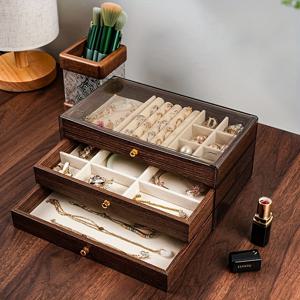 TEMU 황금색 하드웨어가 돋보이는 넉넉한 3단 고급 주얼리 보관함 - 우아한 딥 브라운 피치 우드 구조, 다중 서랍으로 쌓을 수 있으며, 부드러운 패브릭 안감의 서랍, 목걸이, 귀걸이, 팔찌를 위한 상단 디스플레이 선반