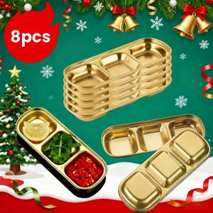 TEMU 8개 스테인리스 스틸 골든 조미료 접시, 세척 용이, 3칸 조미료 받침대, 조미료, 간식, 주방 및 레스토랑 사용, 훌륭한 크리스마스 추수감사절 파티 선물 및 식기