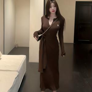 TEMU 여성용 버튼 프론트 드레스와 숄 탑 - 풀 길이 세탁 가능 파티 웨딩 연회 드레스, 힙 커버링 롱 스커트, 솔리드 컬러 사계절 정장