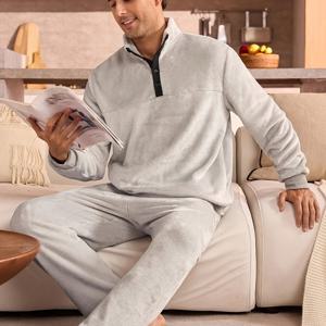 TEMU 남성용 따뜻한 플란넬 파자마 세트 | 긴소매 하이넥 루즈핏 상의 및 바지, 단색, 약간의 스트레치, 겨울에 적합