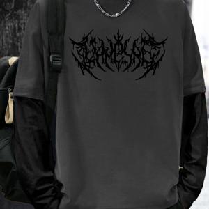 TEMU 남성용 고딕 프린트 컬러 2-in-1 티셔츠 - 다크 루즈핏 긴팔 라운드넥 캐주얼 셔츠, 핫 트랜스퍼 기하학적 레터링, 사계절 착용, 파티 & 일상복에 적합