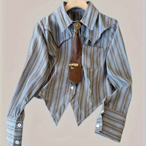 TEMU 여성용 아메리칸 타이넥 셔츠, 2024 봄/가을 신상 빈티지 스타일 허리라인 강조 숏탑 긴팔 블라우스