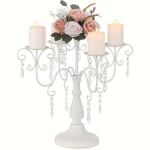 TEMU 빈티지 골든 메탈 촛대대 센터피스 1개, 5암 기둥 양초 홀더 및 구슬 포함 - 우아한 결혼식, 크리스마스, 할로윈 테이블 장식용 양초(미포함)