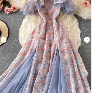 TEMU 여성용 플로랄 프린트 오프숄더 레이스 소매 미디 드레스 - 가벼운 스트레치 여름 파티 & 휴가용 퍼프 슬리브 드레스, 세탁기 사용 가능, 로맨틱 아웃핏웨어 | 플로럴 미디 드레스 | 신축성 있는 원단, 레이스 드레스