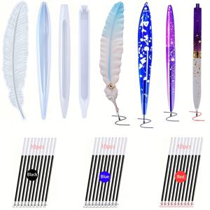 TEMU 34 Kawaii 창의적인 에폭시 레진 캐스팅 몰드 펜 모양 레진 몰드, 깃털 모양 에폭시 레진 캐스팅 몰드 펜 모양 레진 몰드 1개 포함, 볼펜, 만년필 실리콘 몰드, 볼펜 리필 30개 포함 레진 공예 제작 키트 3개 - 볼펜, 만년필용