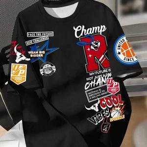 TEMU 남성 캐주얼 프린트 크루넥 반팔 티셔츠, 봄 여름 가을, 레터 아메리칸 스타일, 100%, 약간의 스트레치, 세탁기 사용 가능, 레귤러 핏, , 주말룩, WISH A HORSE, 성인, 레귤러 길이