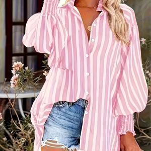 TEMU 여성용 세련된 핑크색과 흰색 줄무늬가 있는 루즈핏 랜턴 슬리브 블라우스 - 긴팔, 칼라, 캐주얼한 시크한 모든 계절에 적합