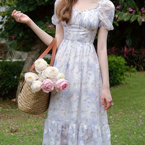 TEMU 여성용 여름 꽃무늬 스퀘어 넥 퍼프 소매 드레스 - A라인 미디 길이, 신축성 있는 허리밴드, 통기성 가벼운 원단, 캐주얼 및 정장용, 귀여운 여름 드레스, 정원 파티 의상