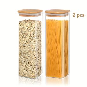 TEMU 2/4 수직 보관 병 대나무 뚜껑, 국수 보관 용기, 파스타 보관 병, 사각 밀폐 병, 식품 디스펜서, 유리 병, 보관 병 세트, 투명 식품 보관 용기, 설탕 커피 용기, 주방 보관 병, 파스타, 밀가루, 곡물, 설탕, 차, 커피 원두, 간식에 적합, 주방 식사용에 완벽