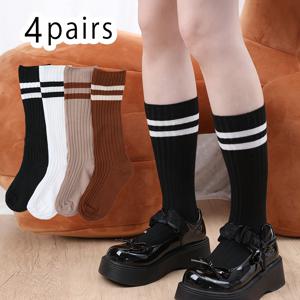 TEMU 아동용 양말 4켤레 팩, 한국 스타일 스포티 이중 하이튜브 양말, 통기성 좋고 편안함, 여아용 활용도 높은 아카데미 스타일 하이튜브 양말, 신학기 교복 의상용