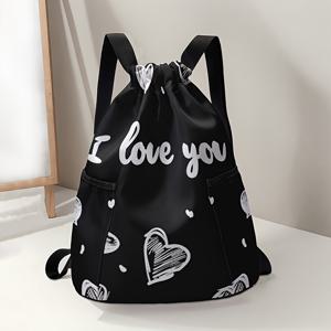 TEMU 레터 하트 패턴 프린트 드로스트링 백팩 - 대용량 내구성 좋은 짐백, 조절 가능한 어깨 스트랩, 남녀 공용, 여행, 하이킹, 캠핑 필수품.