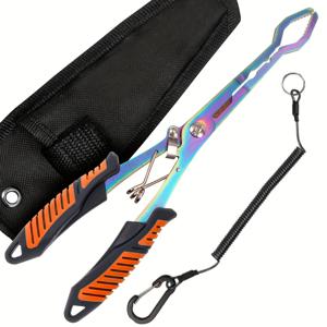 TEMU 헤비듀티 스테인리스 스틸 & 티타늄 낚시 플라이어 - 다기능 직선/곡선 턱 헤비듀티 피쉬 그리퍼, 훅 제거기, 수납 가능한 로프 & 보관 가방 포함 - 남성용 낚시 장비를 위한 두꺼운 긴 손잡이 (이상적인 선물)