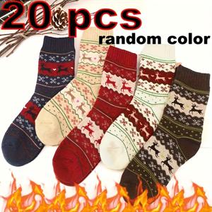 TEMU 20개 여성용 두꺼운 겨울 따뜻한 양말, 사슴 & 눈꽃 프린트 - 포근한 기모 안감 보온 슬리퍼, 부드럽고 따뜻한 겨울 양말 (가정용, 크리스마스, 휴일 쇼핑객, 휴일 선물용), 튼튼한 소재, 축제 분위기 디자인, 시즌별 신발