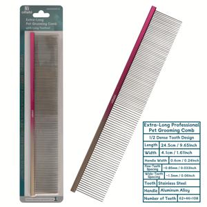 TEMU Oitabi 24.5cm 초장 프로페셔널 애완동물 그루밍 빗 | 엉킴 있는 털 제거를 위한 긴 이빨, 엉킴 및 털모음 방지, 긴털 및 짧은 털 애완동물에 적합, 반밀도 및 반넓은 둥근 이빨, 알루미늄 합금 손잡이, 스테인리스 스틸 이빨