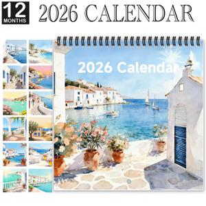 TEMU 2026년 이탈리아 여행 아트 캘린더 | 수채화 해변 풍경, 쓰기 가능한 월별 레이아웃, 종이 재질, 영어