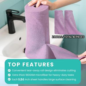 TEMU 40개입 극세사 청소용 천 롤 | 180GSM 재사용 가능 페이퍼 타월, 주방, 자동차, 집, 창문 청소에 적합, 다크 그레이, 라이트 퍼플 색상