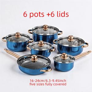TEMU [패밀리 셀렉션] 12피스(6냄비 + 6뚜껑) 블루 스테인리스 스틸 조리기구 세트, 16-24cm 다섯 가지 사이즈 포함, 논스틱 프라이팬, 소스팬, 우유냄비 제공. 인덕션 쿠크탑 호환, 내구성과 고품질, 완벽한 휴일 선물