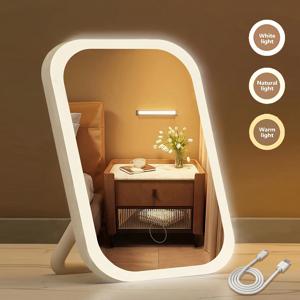 TEMU LED 화장 거울, 전면 조명이 있는 조명 화장대 거울, 3가지 조명 옵션, 현대적인 메이크업 거울, 320mAh 배터리로 충전 가능, 휴대용 및 접이식 컴팩트 디자인, 학생 기숙사에서 여행 및 일상 사용에 이상적