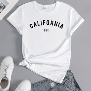 TEMU 캘리포니아 편지 인쇄 캐주얼 라운드 넥 티셔츠, 반팔 스포츠 러닝 상의, 여성 액티브웨어