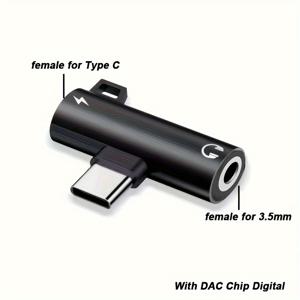 TEMU 미니 타입 C 이어폰 어댑터 타입-C에서 3.5mm 오디오 충전 케이블 이어폰 컨버터 충전 어댑터 블랙 잭 내장 DAC 칩 1279 디지털 디코딩 삼성, 구글, 모토, 샤오미 등