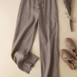 TEMU 플러스 사이즈 - 여성용 스타일리시 캐주얼 단색 하이웨이스트 레그 팬츠 (포켓 및 탄성 허리 밴드 포함).