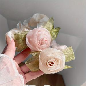 TEMU 여성용 장미 머리끈 2개 세트, 하이 포니테일 헤어 액세서리, 손상 없는 머리끈, 숲 스타일 장미꽃 우아하고 상큼한 달콤한 머리띠