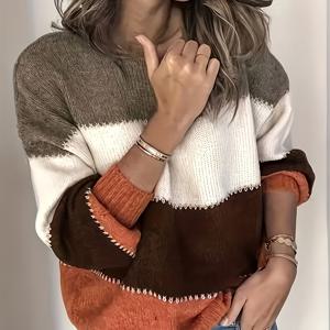 TEMU 플러스 사이즈, 오버사이즈 캐주얼 스웨터, 여성 가을/겨울 컬러 블록 레귤러 긴팔 라운드넥 미디엄 스트레치 실 네 가지 컬러 탑