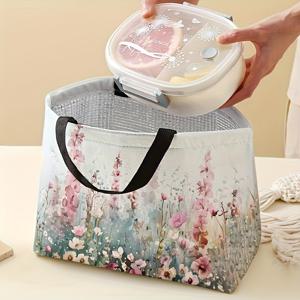 TEMU 여성과 남성을 위한 비식품 접촉 꽃무늬 보온 점심 가방 - 누출 방지, 재사용 가능한 폴리에스터 토트, 양면 디자인, 사무실, 직장, 해변, 여행에 적합, 사무실 점심 가방 | 꽃무늬 디자인 | 튼튼한 손잡이, 보온 점심 가방, 학교로 돌아가기