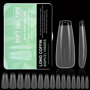 TEMU 600개/박스 퀵 시크 미디엄 아몬드 15가지 사이즈 풀 커버 아크릴 투명 네일 팁용 | 엑스트라 롱 코핀 프리-쉐이프, 하프 매트 엔드, 네일 익스텐션 및 매니큐어용