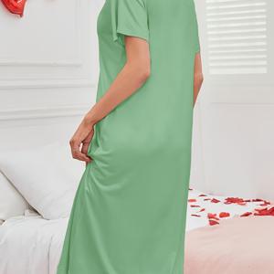 TEMU 여성을 위한 프린트 캐주얼 나이트가운, 폴리에스터 니트 소재, 크루 넥 반팔 루즈핏 수면 드레스, 봄/여름 수면복|반팔셔츠