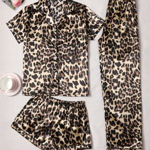 TEMU 여성용 캐주얼 프린트 세트 - 반팔 상의, 바지 & 반바지, 버튼 업 디테일, 올 시즌 착용, 편안한 핏, 프린트