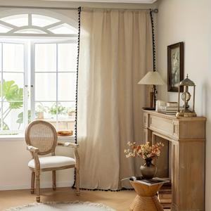 TEMU 1개 베이지 리넨 질감 폴리에스터 커튼 블랙 레이스 트림 포함 - 거실 및 침실용 빛 차단 로드 포켓 디자인, 클래식 우아한 홈 데코, 우아한 창문 처리 | 장식 드레이프 | 질감 있는 커튼, 거실용 커튼