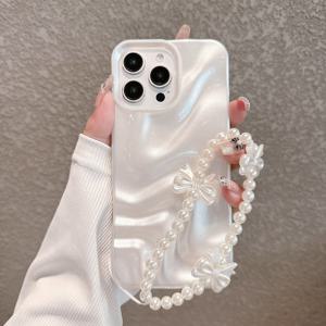 TEMU 휴대폰 케이스 - 고급 인조 진주 화이트 입체 웨이브 패턴 핸드 스트랩 휴대폰 케이스, 아이폰16Promax/16/16Pro/16Plus/15/15Promax/15Pro/11/12/13/14Promax/11Pro/11Promax/12Pro/12Promax/13Pro/13Promax/14Pro/14Promax/16Promax 호환