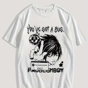 TEMU 남성용 Y2K 애니메이션 티셔츠 - 만화 스트리트웨어 스타일, 아이코닉 'You've Got a Bug' & Proboby 프린트 - 통기성 폴리에스터/스판덱스 혼방 반팔 크루넥 티셔츠, 여름 캐주얼 웨어 (핑크) - 레트로 90년대 영감 오타쿠 패션