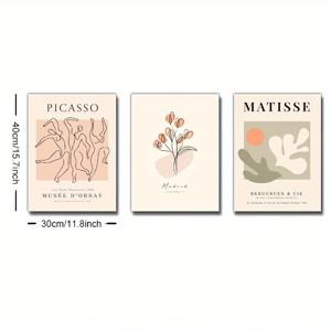 TEMU 2D 플랫 디자인의 3점 세트 액자 캔버스 아트워크. 독특한 홈 데코레이션에 완벽합니다. 나무 프레임 스타일, 뉴트럴 데코 포스터, 디자인, 라인 아트, 식물 테마, 모던한 미학, 파스텔 색상이 특징입니다.