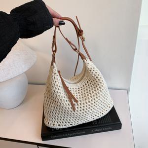 TEMU 여성용 초승달 모양 숄더백, 바캉스 스타일 속이 빈 직조 가방, 대형 겨드랑이 크로스바디 백.