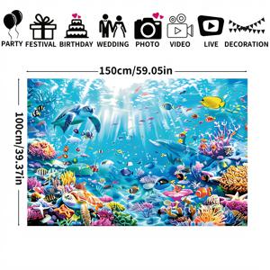 TEMU 1개, 해양 생물 사진 배경, 150*100cm 폴리에스터 섬유 바다 바닥 장식 배너, 바다거북과 물고기와 산호 포함, 파티 및 여름 활동용 범용 축제 장식, 전기가 필요 없음