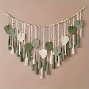 TEMU 1pc 마크라메 벽걸이 - 나무 비즈, 녹색 및 흰색 아트 테이프스트리이와 수제 잎 매듭 장식, 거실, 침실, 또는 헤드보드용, 침실 액센트 | 자연적인 미학 | 수제 장식, 마크라메 벽 장식