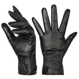 TEMU BISON 여성용 겨울 터치스크린 가죽 장갑 - 리본 장식, 방풍 보온 양가죽 아웃도어 장갑, 러닝, 승마 및 날씨에 적합, 손세탁 관리 (가을/겨울)