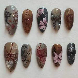 TEMU 10개 세트 럭셔리 스위트 쿨 하이엔드 디자인 플로럴 글리터 라인스톤 액센트 - 브라운 & 누드 컬러 블로킹 - 아몬드 쉐입, 다양한 스타일, 여성 선물용, 젤리 글루 & 네일 파일 포함