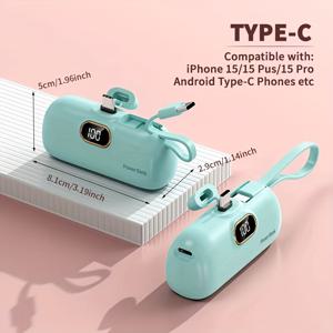 TEMU 5000mAh 미니 캡슐 파워뱅크 (Type-C: 1입력, 1출력 포트, 내장 Type-C 케이블(랜야드 겸용), 전원 표시기), 초소형, 일상 출퇴근 및 야외 여행에 최적. Type-C 기기용 설계: iOS, Android 등|보조배터리